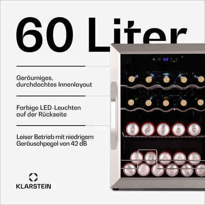 Klarstein Coachella 65 Getränkekühlschrank – Edelstahl Glastür 60 L
