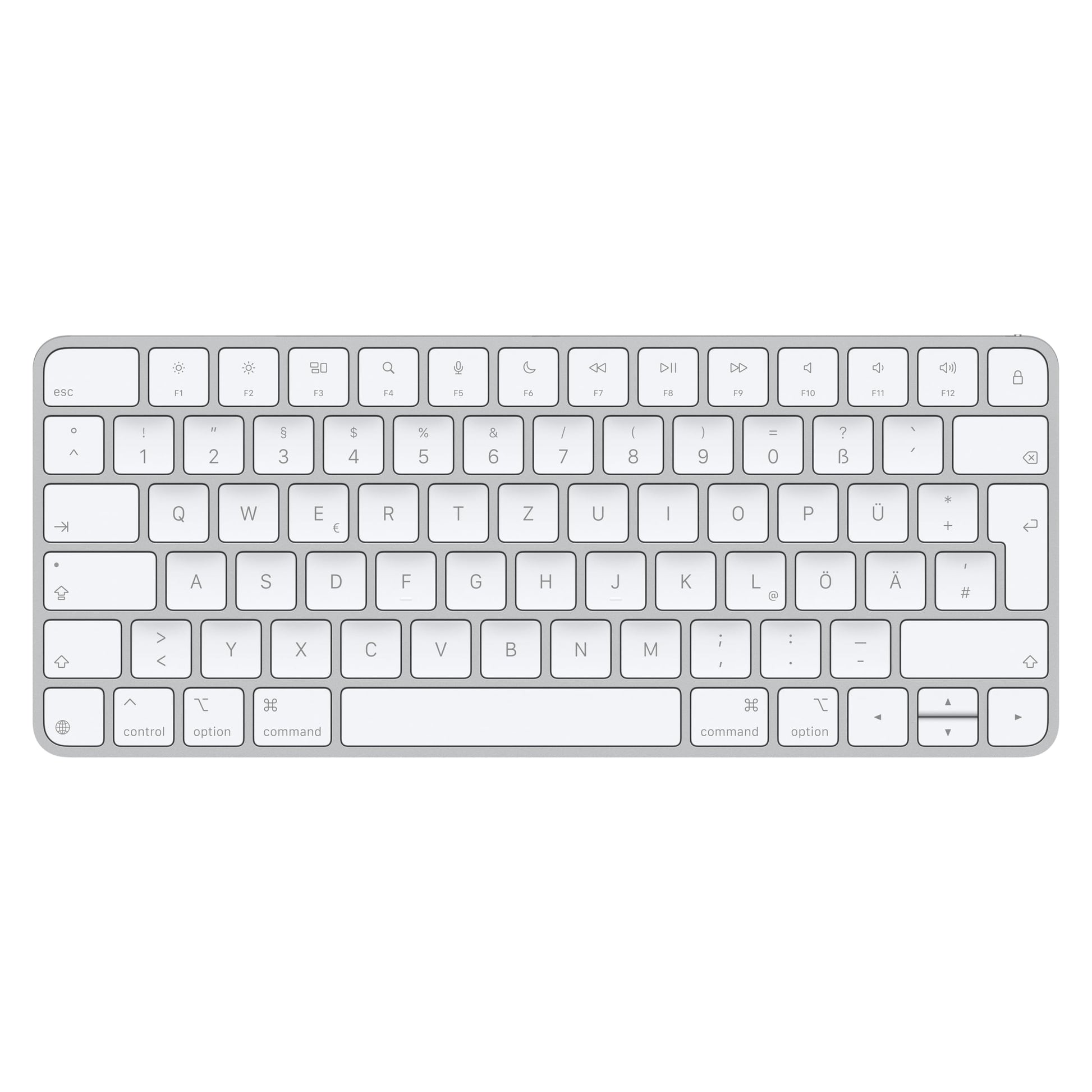 Apple Magic Keyboard Tastatur - deutsches Layout. Flache, silberfarbene Tastatur für präzise Texteingabe und Computersteuerung.