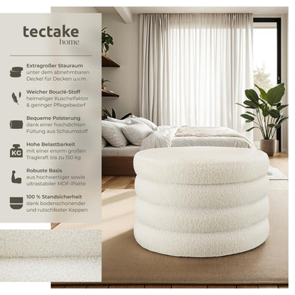 tectake® XL Scandi Stauraum Hocker Pouf – Bouclé Creme-weiss