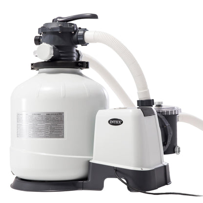 Intex Sandfilteranlage 12m³ 26652. Grau-schwarzer, zylindrischer Sandfilter. Reinigt Poolwasser bis 42000l mechanisch durch Quarzsandfiltration zur Entfernung von Schmutzpartikeln.
