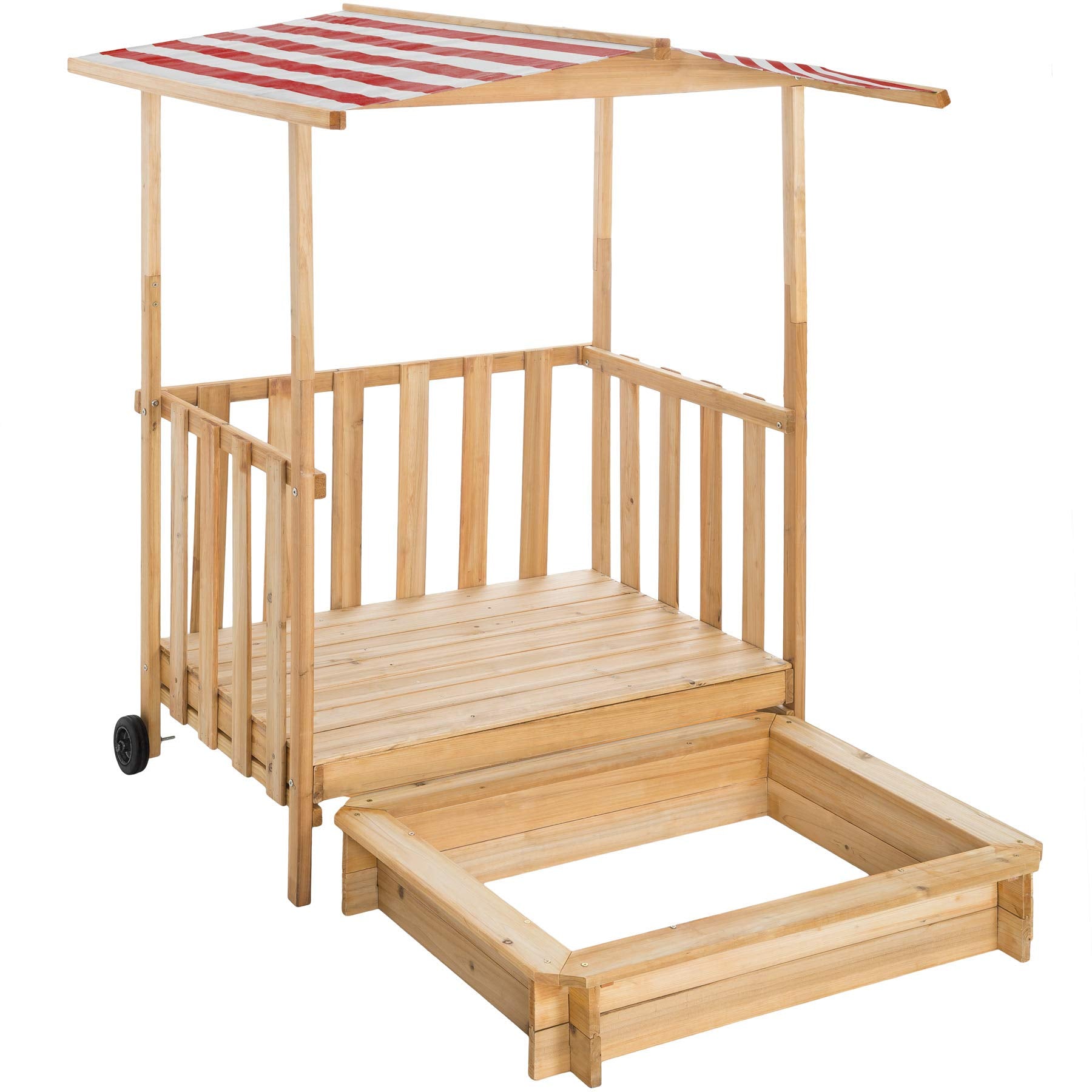 tectake Sandkasten mit Dach Spielhaus aus Holz - Rot. Roter Sandkasten aus Holz mit integriertem Dachspielhaus. Zum Spielen und als Sonnen-/Wetterschutz.