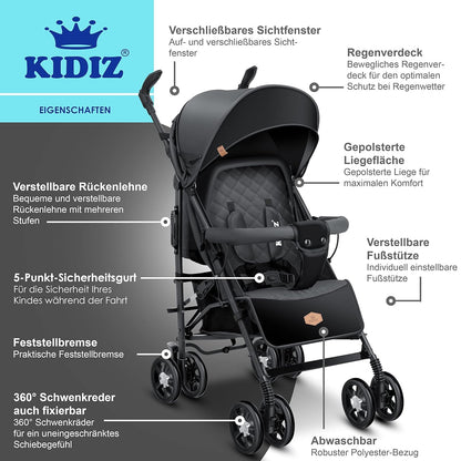 KIDIZ® City-Pro Faltbarer Sportwagen mit Liegefunktion – Anthrazit