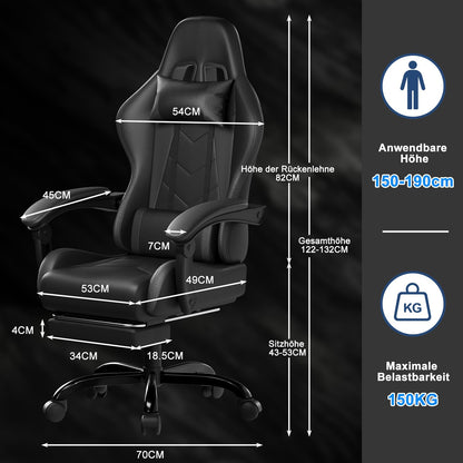Devoko Ergonomischer Gaming Stuhl mit Massage & Fussstütze - Schwarz