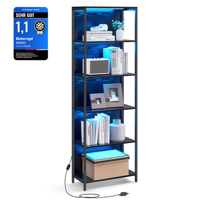 VASAGLE Bücherregal mit LED-Beleuchtung, 6 Ebenen, schwarz – Standregal aus Spanplatte und Stahl