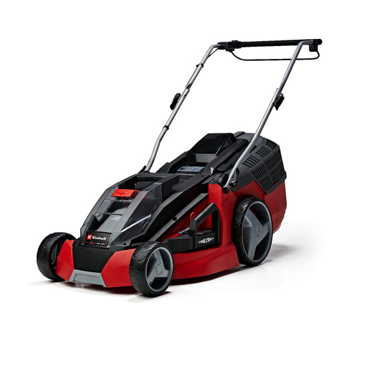 Einhell Akku-Rasenmäher GE-CM 43 Li M Kit 36V 43cm. Grün-schwarzer Rasenmäher zum kabellosen Mähen von Rasenflächen.