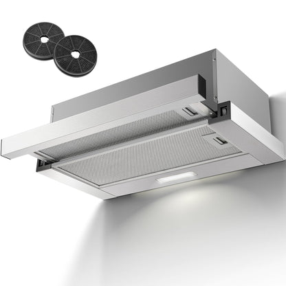 KICHPOWER Dunstabzugshaube 60 cm Flachschirmhaube - Edelstahl. Rechteckig, ausziehbar, silber. Saugt Kochdunst ab über Kochfeldern.