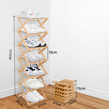 Akloya Schuhregal Bambus schmal, 7 Etagen, faltbar, freistehend