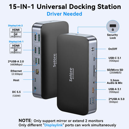 Universal DisplayLink USB C Dock – 15-in-1 Dual Monitor M1/M2