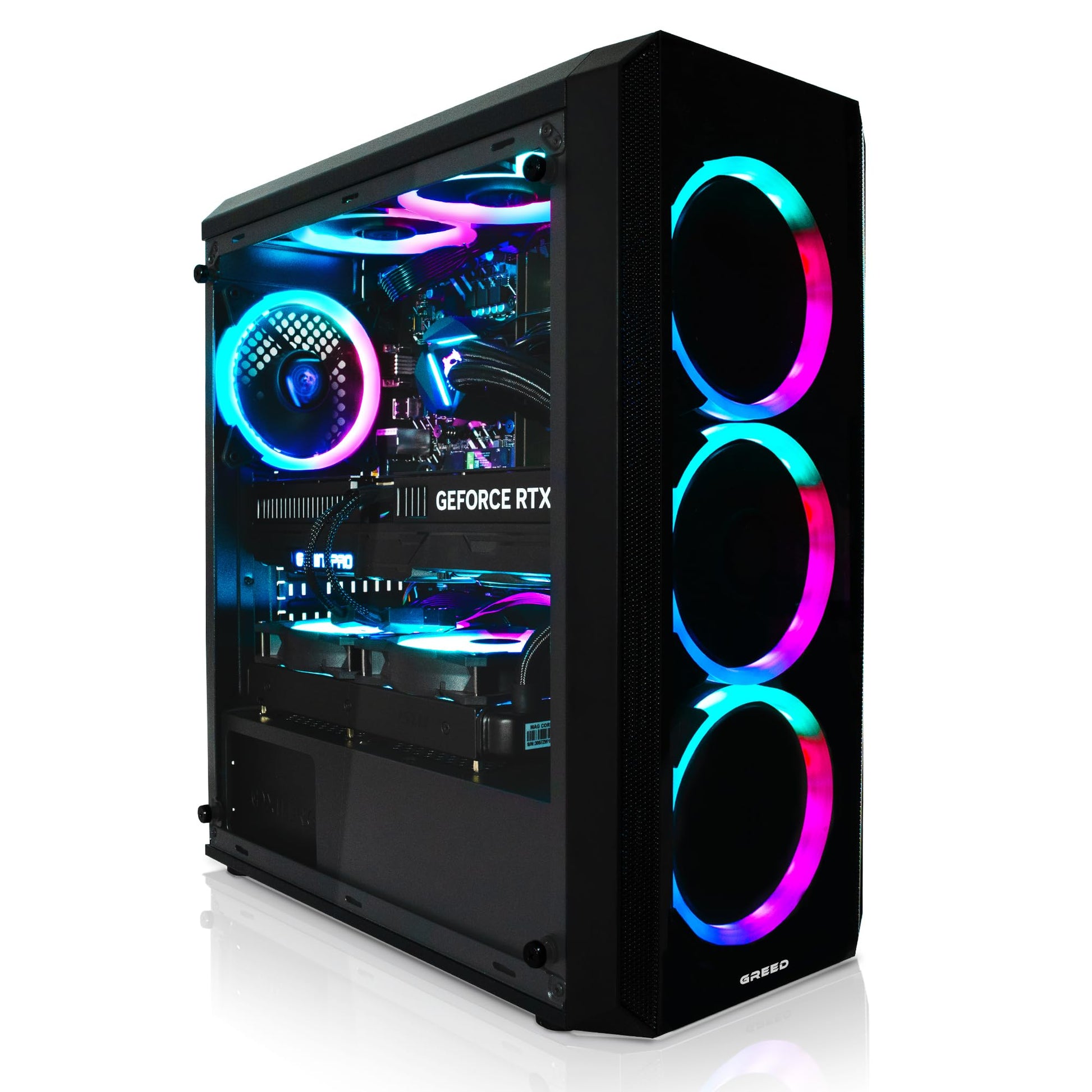Greed MK2 Pro Gaming PC - Ryzen 7 5700X / RTX 5070. Dunkler Midi-Tower, RGB-beleuchtet, für High-End-Gaming.