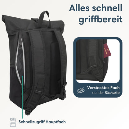 LARKSON Rolltop Rucksack No 2 Schwarz, Daypack mit 16 Zoll Laptopfach