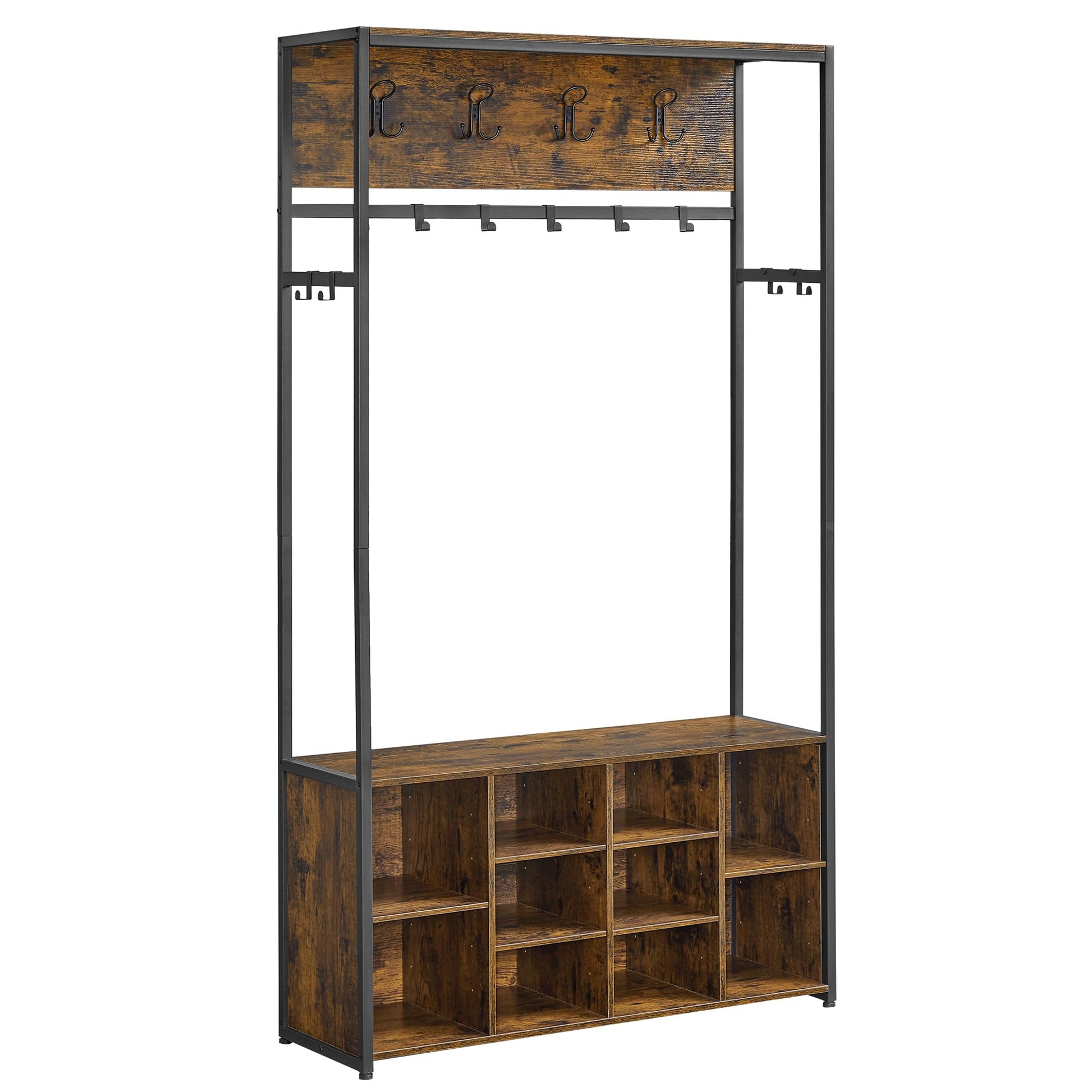 VASAGLE Kleiderständer HSR432K01, Garderobe mit Schuhregal, Sitzbank in Vintagebraun-Tintenschwarz, Stahl und Holzoptik