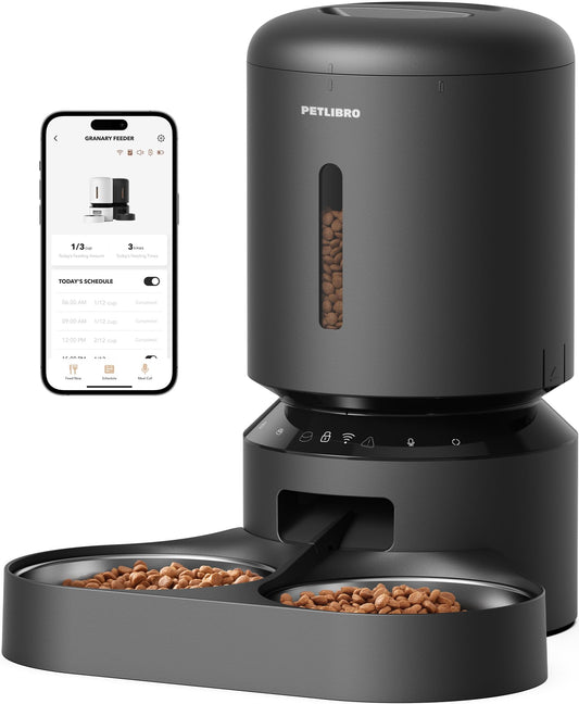 PETLIBRO 5G Wi-Fi Futterautomat - 5L Schwarz für Katzen & Hunde. Schwarzes Gerät zum automatischen Portionieren von Futter via Wi-Fi.