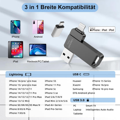 Vackiit USB Speicherstick 256GB – Apple Zertifiziert Lightning USB-C