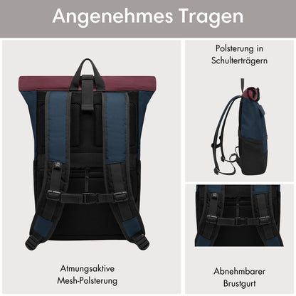 LARKSON No 4 Rolltop Rucksack mit 16 Zoll Laptopfach, blau-rot