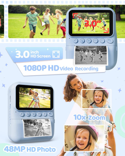 TIATUA Kinderkamera Sofortbildkamera 48MP mit 32 GB Karte, Blau