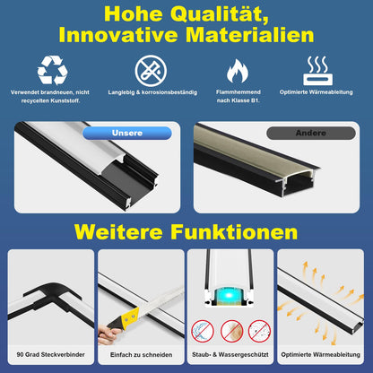 Molfanco LED Aluminium Profil 12 x 1 m, schwarz, mit Abdeckung