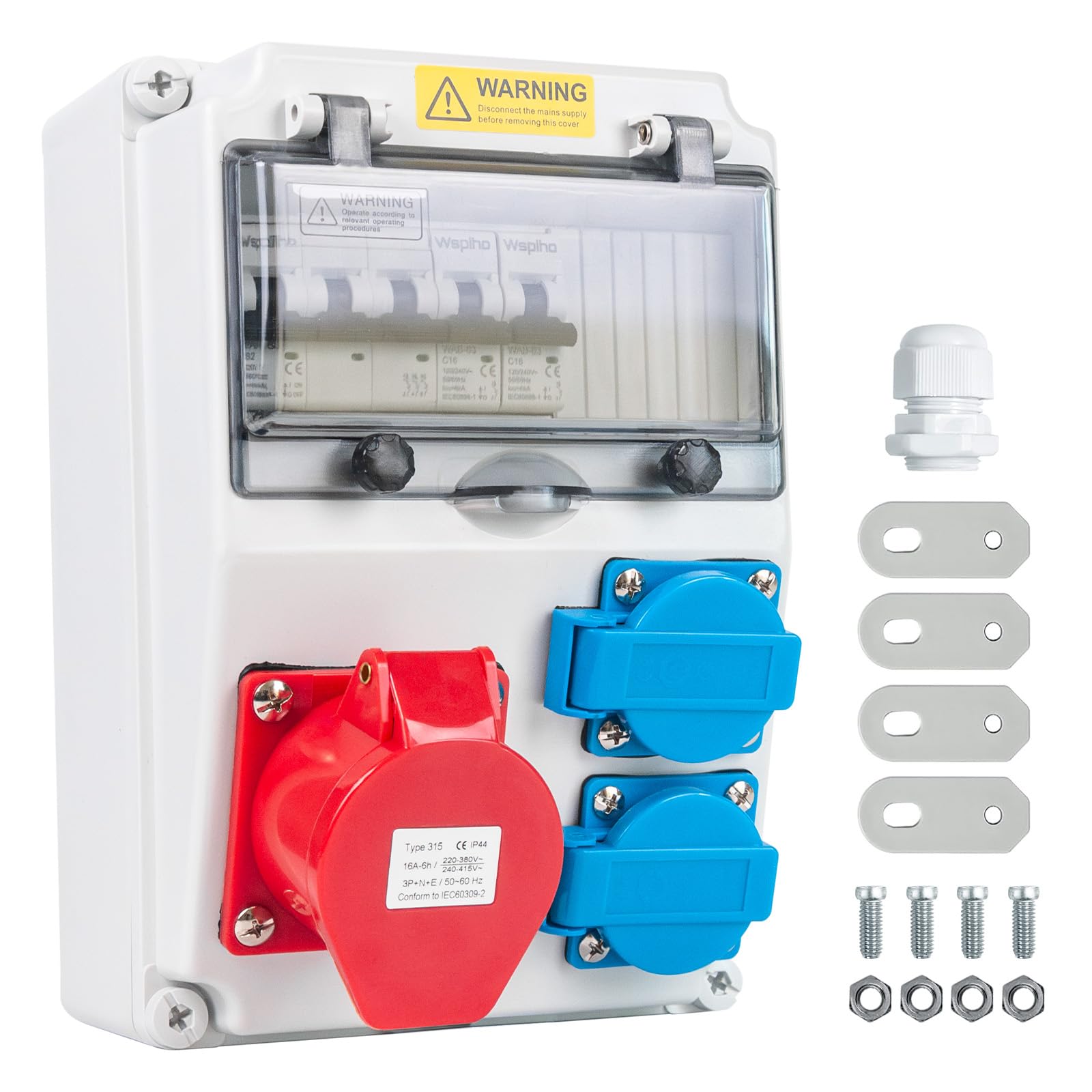 WSPIHO Baustromverteiler Wand IP44 – 2x16A 1P, 1x32A 3P LS. Grauer Wandkasten mit 2x CEE 16A/230V, 1x CEE 32A/400V. Stromverteilung Baustelle.