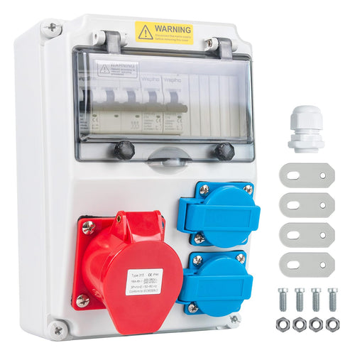WSPIHO Baustromverteiler Wand IP44 – 2x16A 1P, 1x32A 3P LS. Grauer Wandkasten mit 2x CEE 16A/230V, 1x CEE 32A/400V. Stromverteilung Baustelle.