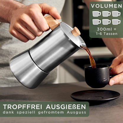 WALDWERK Espressokocher 300 ml, Edelstahl mit Eichenholzgriff