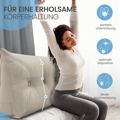 ELONEO Rückenkissen 180 cm breit, Keilkissen für Bett und Sofa geeignet, dreieckiges Lesekissen, Kissen mit abnehmbarem und waschbarem Bezug, mit praktischem Seitenfach