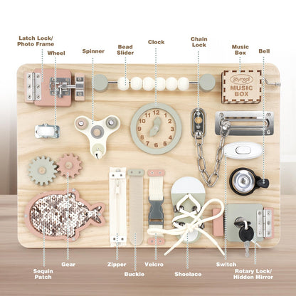 Joyreal Montessori Busy Board - Motorikbrett aus Holz für Kleinkinder