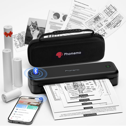 Phomemo M834 Mobiler A4 Thermodrucker Tragbar - Schwarz, rechteckiges Gerät. Druckt A4 Dokumente unterwegs.