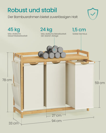 SONGMICS Wäschekorb mit 3 Fächern, Bambus, 150 L, cremeweiss