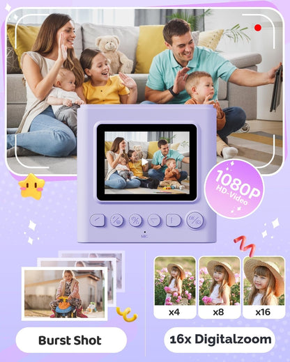 TIATUA Kinderkamera Sofortbildkamera X2 mit 32 GB Karte, lila