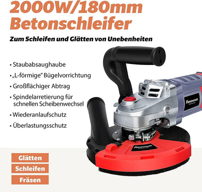 FANZWORK Betonschleifer Betonfräse Set mit Schleiftopf 2000W/180mm