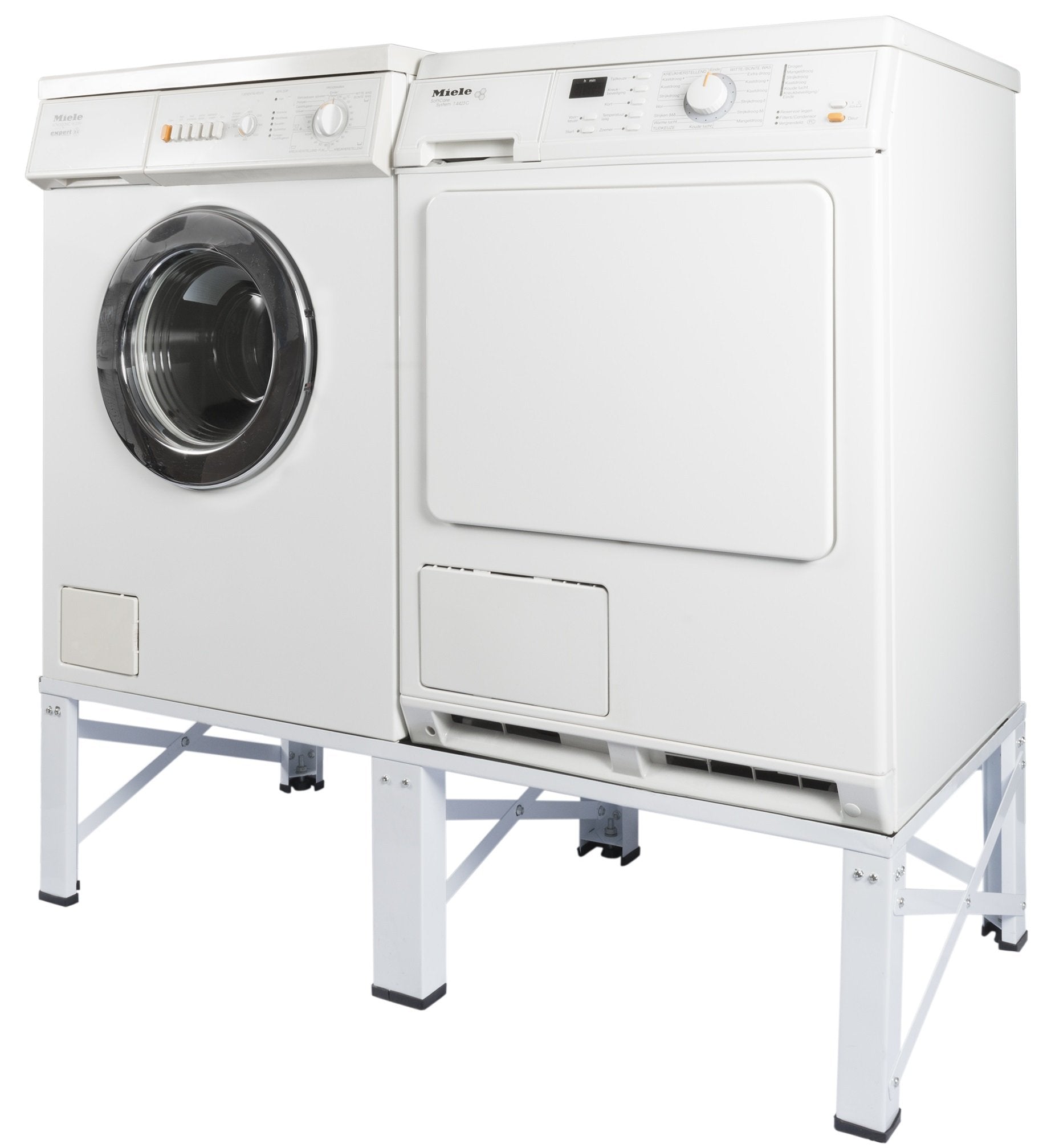 Edco Doppel Untergestell Waschmaschine & Trockner Podest. Graues, rechteckiges Metallpodest erhöht zwei Geräte für ergonomische Beladung.