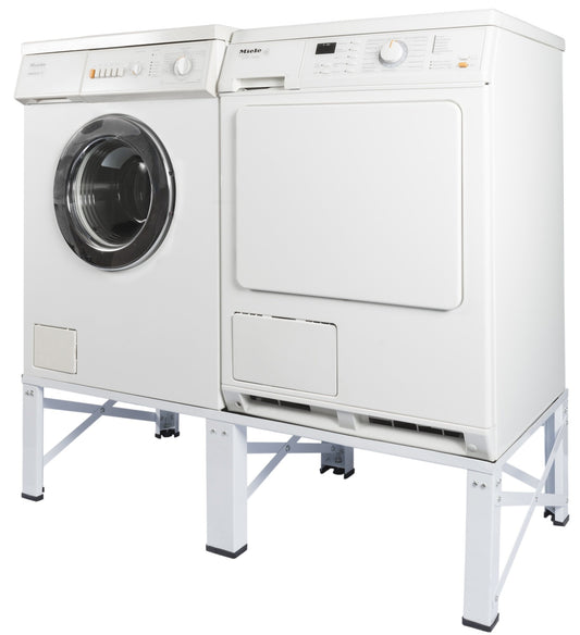 Edco Doppel Untergestell Waschmaschine & Trockner Podest. Graues, rechteckiges Metallpodest erhöht zwei Geräte für ergonomische Beladung.