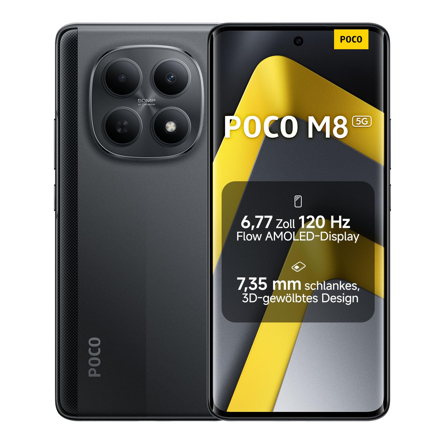 Xiaomi Poco M8 5G Smartphone, 8 GB RAM, 256 GB Speicher, Schwarz mit 3D-Curved-Design und Dual-Kamera