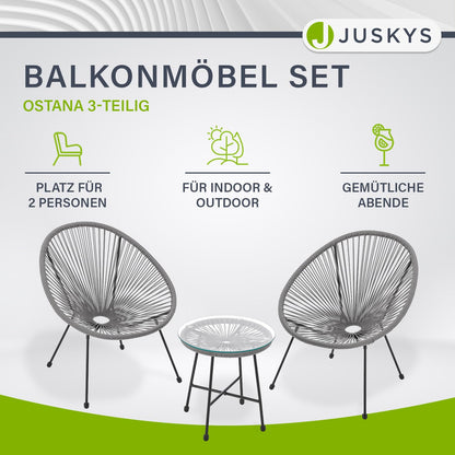 Juskys Ostana Balkonmöbel Set 3-tlg. Tisch & 2 Sessel Hellgrau