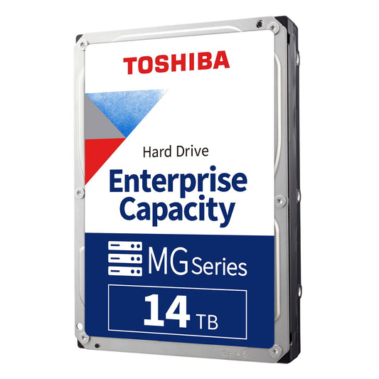 Toshiba MG07ACA14TE Enterprise HDD 14TB 3.5 Zoll SATA. Rechteckige, silberne Festplatte für Enterprise-Datenspeicherung.