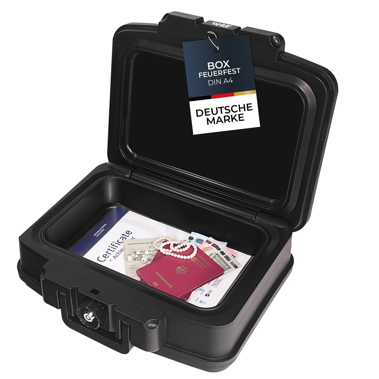 HMF 250452 Feuerfeste Wasserdichte Dokumentenbox – DIN A4 Schwarz. Rechteckiger schwarzer Koffer. Schützt DIN A4 Dokumente vor Feuer und Wasser.
