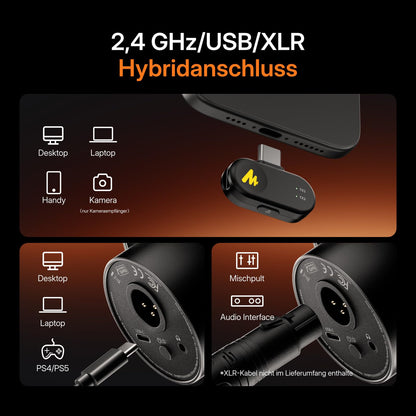 MAONO PD200W Hybrid Wireless Podcast Mikrofon mit Arm, USB und XLR