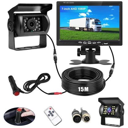 ANDUBEST Rückfahrkamera Set mit 7 Zoll Monitor, AHD 1080P, IP68 mit wasserdichter Nachtsichtkamera und 15 m Kabel