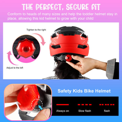 RaMokey Kinder-Fahrradhelm mit LED-Rücklicht 50-56 cm, schwarz-rot