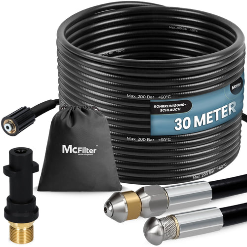 McFilter Rohrreinigungsschlauch-Set 30 m, 200 bar für Kärcher K2-K7 mit Tasche, Adapter und zwei Düsen