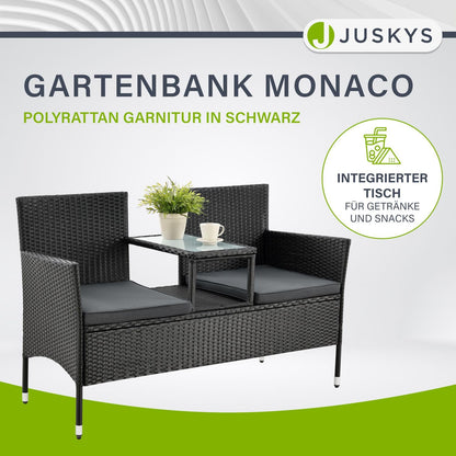 Juskys Polyrattan Gartenbank Monaco 2-Sitzer mit Tisch & Kissen schwarz