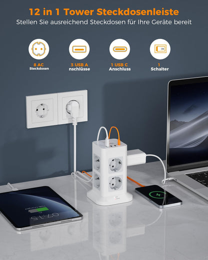 TESSAN Steckdosenturm 8-fach, USB-C, Überspannungsschutz, 10 m Kabel