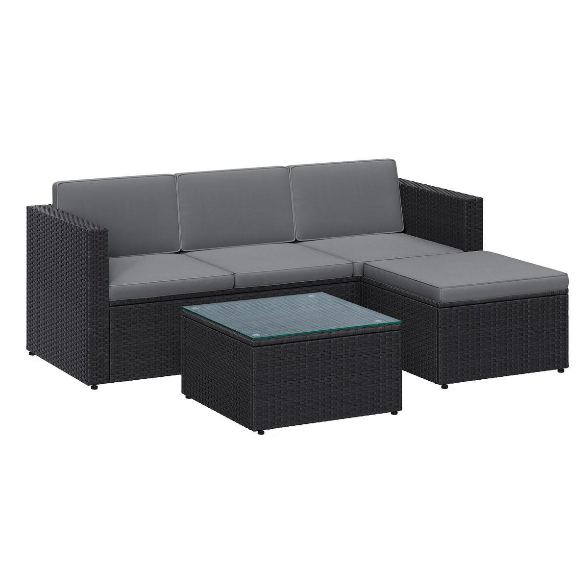 SONGMICS Gartenmöbel-Set GGF005B04, Polyrattan-Lounge, schwarz-grau, 3-Sitzer-Sofa mit Hocker und Glastisch