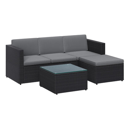 SONGMICS Gartenmöbel-Set GGF005B04, Polyrattan-Lounge, schwarz-grau, 3-Sitzer-Sofa mit Hocker und Glastisch