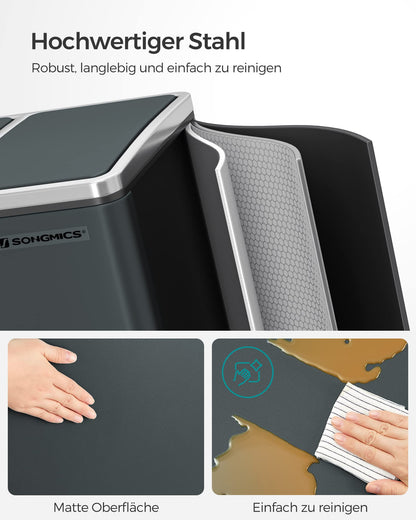 SONGMICS LTB54GS Mülleimer Küche, 3 x 18 L Treteimer, grüngrau