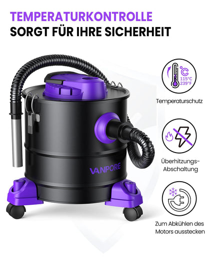 VANPORE Aschesauger 20L 1200W - Kaminstaubsauger Lila