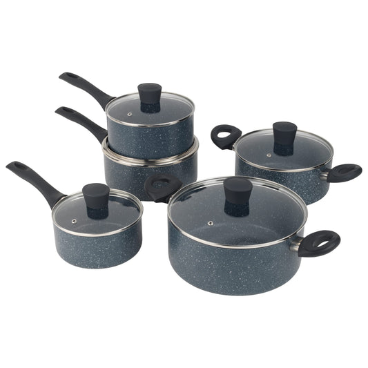Russell Hobbs RH02818EU7 Nightfall 5-tlg. Antihaft Topfset: Fünf runde, schwarze Töpfe und Pfannen zum antihaftbeschichteten Kochen und Braten.