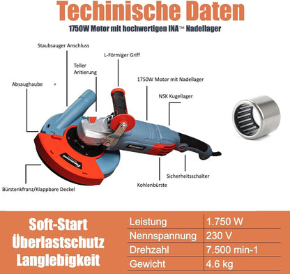 FANZWORK 1750W 180mm Betonschleifer – Komplettset mit Absaugung