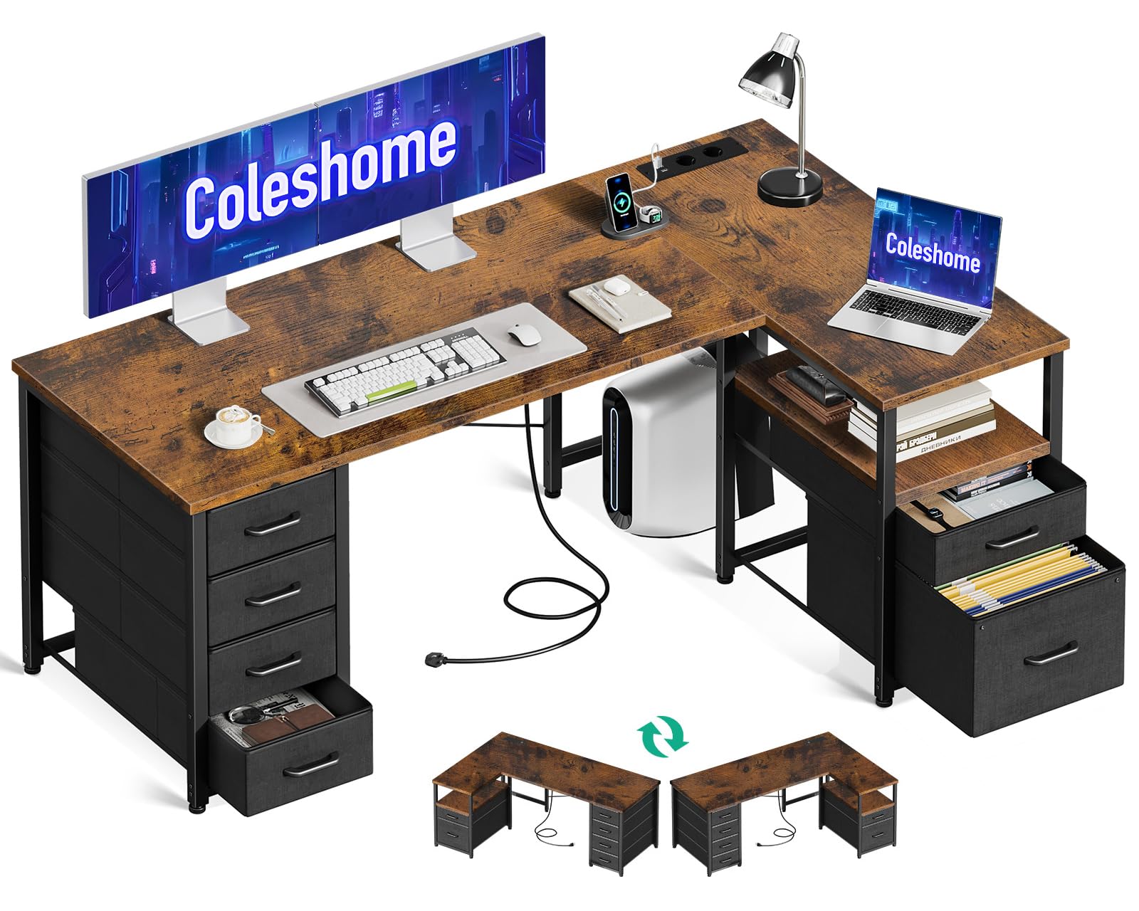 Coleshome Eckschreibtisch mit Schubladen & USB – Braun 140x70cm. Brauner L-förmiger Schreibtisch mit integrierten Schubladen & USB-Ports, ideal für Heimbüro-Arbeitsplatz.