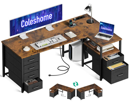 Coleshome Eckschreibtisch mit Schubladen & USB – Braun 140x70cm. Brauner L-förmiger Schreibtisch mit integrierten Schubladen & USB-Ports, ideal für Heimbüro-Arbeitsplatz.
