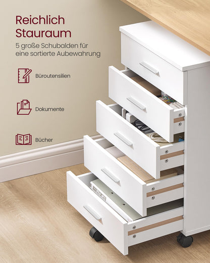VASAGLE Rollcontainer mit 5 Schubladen, Aktenschrank, wolkenweiss